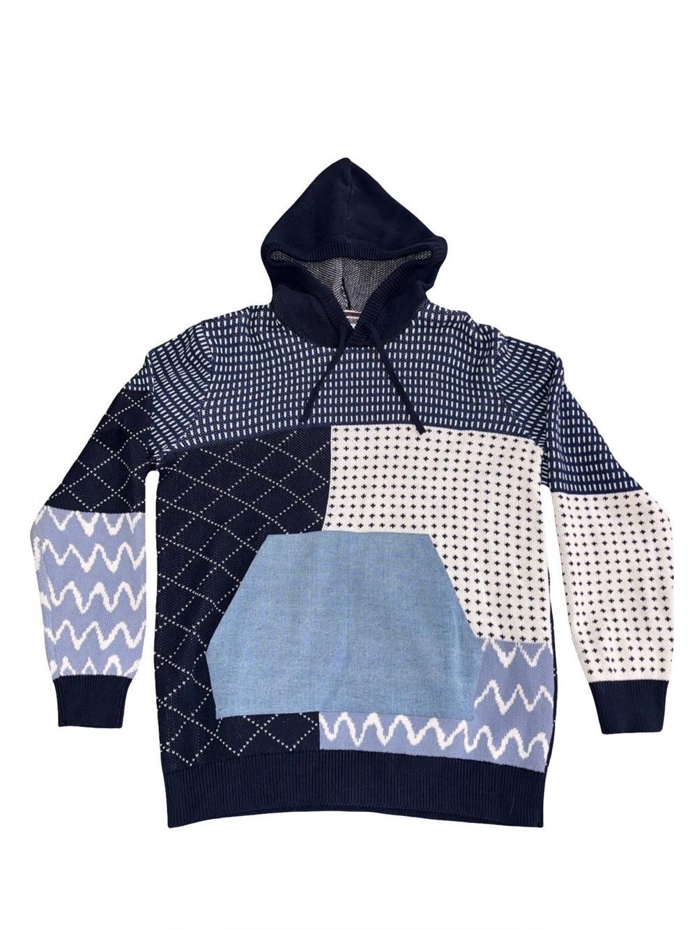 Sun + Stone Patchwork Knit Hoodie Sweater Blue White Cotton Size XL